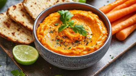 Karotten-Linsen-Aufstrich in einer grauen Schüssel, garniert mit Petersilie. Daneben liegen einige Scheiben Naan, frische Karotten und eine halbe Limette.