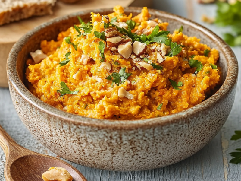 Eine Schüssel voll mit Karotten-Nuss-Aufstrich, der mit einigen gehackten Nüssen sowie frischer Petersilie garniert ist. Neben der Schale lieft ein Holzlöffel mit etwas Aufstrich auf der Arbeitsfläche. Außerdem liegt frische Petersilie verstreut. Im Hintergrund kann man ein Holzbrett erkennen, auf dem etwas Brot liegt.