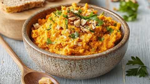 Eine Schüssel voll mit Karotten-Nuss-Aufstrich, der mit einigen gehackten Nüssen sowie frischer Petersilie garniert ist. Neben der Schale lieft ein Holzlöffel mit etwas Aufstrich auf der Arbeitsfläche. Außerdem liegt frische Petersilie verstreut. Im Hintergrund kann man ein Holzbrett erkennen, auf dem etwas Brot liegt.