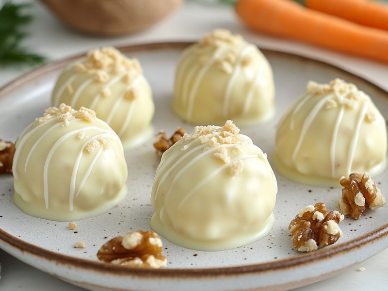 5 Karottenkuchen-Pralinen auf einem Teller mit ein paar Walnusskernen, im Hintergrund Karotten. Nahaufnahme.