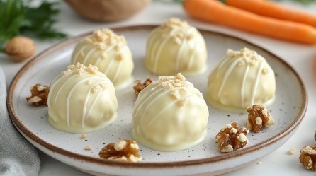 5 Karottenkuchen-Pralinen auf einem Teller mit ein paar Walnusskernen, im Hintergrund Karotten. Nahaufnahme.