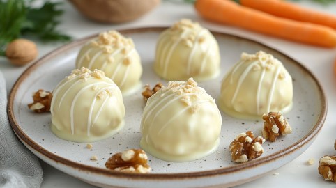 5 Karottenkuchen-Pralinen auf einem Teller mit ein paar Walnusskernen, im Hintergrund Karotten. Nahaufnahme.