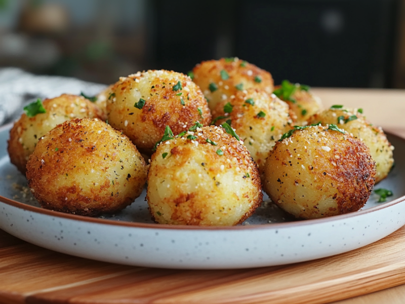 Ein Teller mit einigen Kartoffel-Hirse-Bällchen, die mit frischer gehackter Petersilie garniert sind. Der Teller steht auf einem Holzbrett. Links daneben liegt ein helles Küchenhandtuch. Den Hintergrund kann man nur verschwommen erkennen.
