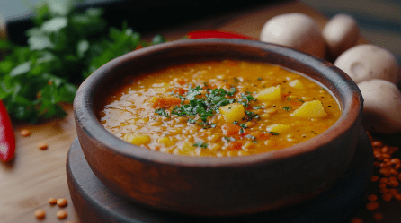 Eine rustikale Tonschüssel mit Kartoffel-Linsensuppe.
