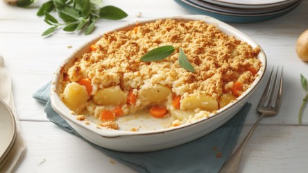 Ein Kartoffel-Möhren-Auflauf mit Streuseldecke in einer ovalen Form.