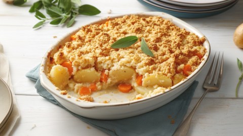Ein Kartoffel-Möhren-Auflauf mit Streuseldecke in einer ovalen Form.
