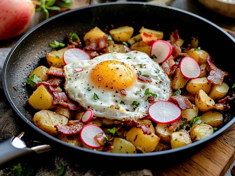 Kartoffelpfanne mit Radieschen und Speck und einem Spiegelei