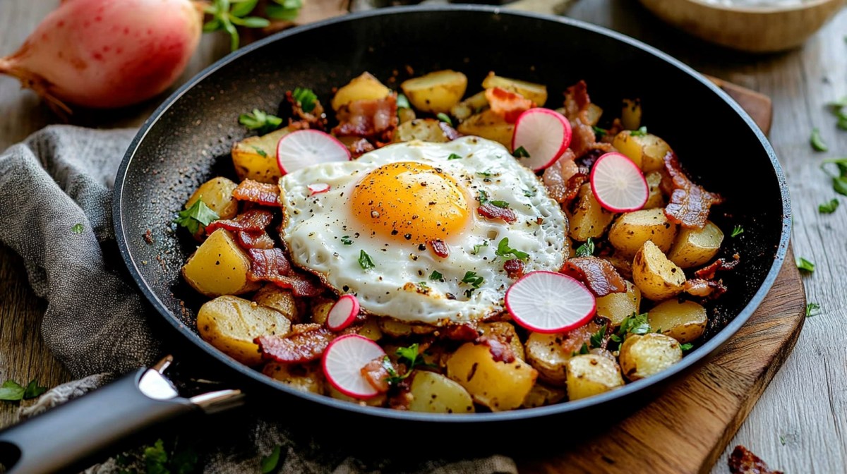 Kartoffelpfanne mit Radieschen und Speck und einem Spiegelei