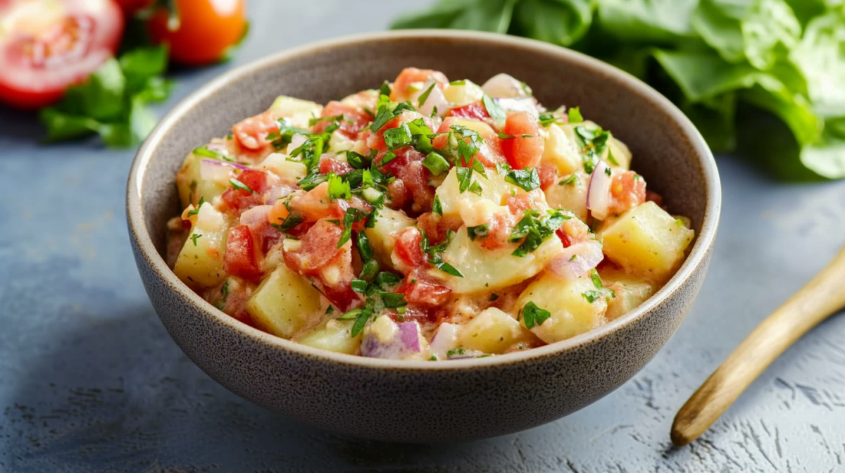 Eine Schüssel Kartoffelsalat mit Salsadressing. Der Salat ist mit frischen Kräutern bestreut. Im Hintergrund sieht man noch Tomaten und frischen Salat liegen.
