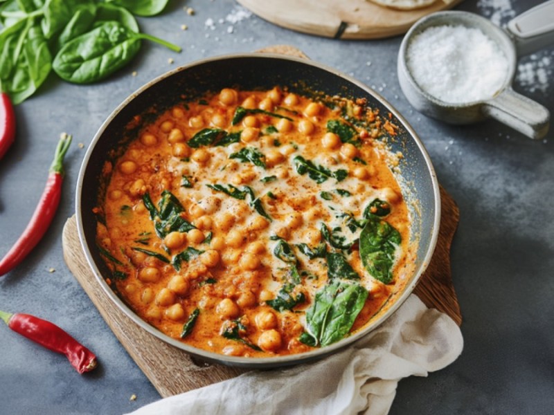 Ein Kichererbseneintopf mit Harissa in der Draufsicht. Drumherum frische Zutaten.