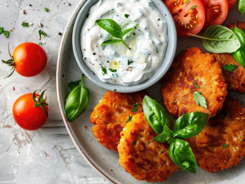 Kidneybohnen-Frikadellen auf einem Teller. Ein Schälchen Dip steht mit auf dem Teller.