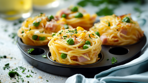 Vier kleine Nudelnester in einer Muffinform. Sie sind mit Erbsen, Mais und Schinken zubereitet. Im Vordergrund liegt ein TUch, im Hintergrund sieht man Flaschen mit Öl sowie frische Kräuter.