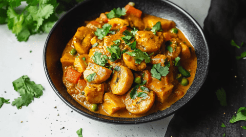 Ein Teller mit Kochbananen-Süßkartoffel-Curry, das mit frischem Koriander garniert ist. Neben dem Teller liegt ein schwarzes Küchentuch. Außerdem liegt frischer Koriander verstreut.