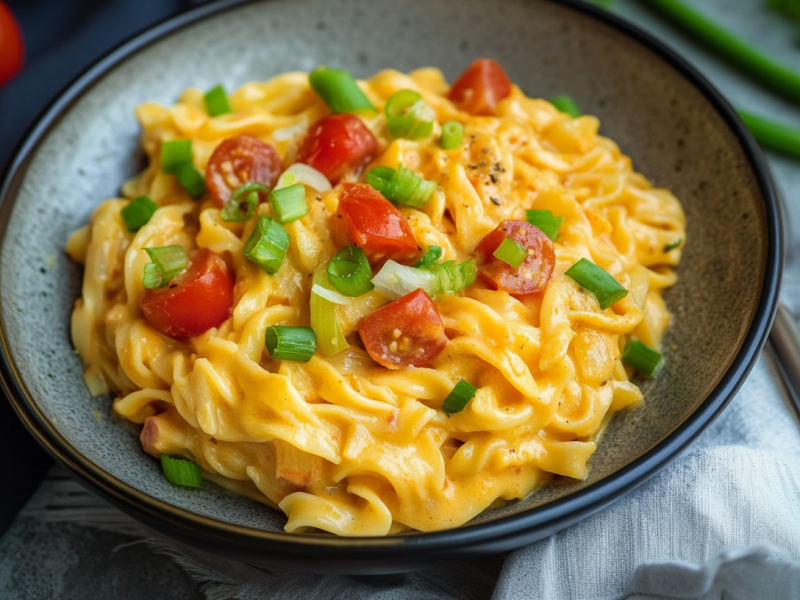 Eine Schüssel mit cremigen Kokos-Curry-Nudeln. Sie steht halb auf einem Tuch. Rechts daneben liegt ein Löffel. Im Hintergrund liegen zwei Frühlingszwiebeln. Links neben der Schüssel liegen noch drei Tomaten.