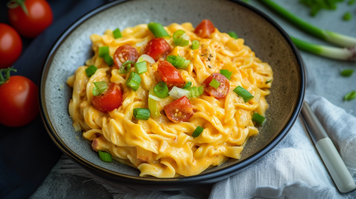 Eine Schüssel mit cremigen Kokos-Curry-Nudeln. Sie steht halb auf einem Tuch. Rechts daneben liegt ein Löffel. Im Hintergrund liegen zwei Frühlingszwiebeln. Links neben der Schüssel liegen noch drei Tomaten.