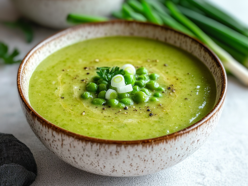 Eine Schüssel mit Kokos-Erbsen-Suppe steht auf einem hellen Untergrund. Hinten rechts im Bild liegen einige Frühlingszwiebeln. Links im Bild befinden sich noch ein paar Kräuter sowie ein dunkles Küchentuch.