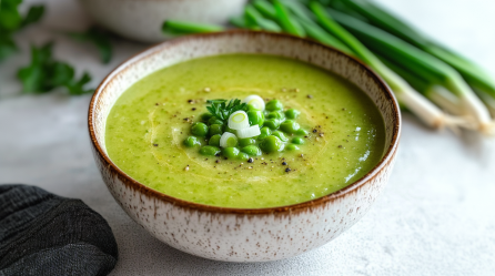 Eine Schüssel mit Kokos-Erbsen-Suppe steht auf einem hellen Untergrund. Hinten rechts im Bild liegen einige Frühlingszwiebeln. Links im Bild befinden sich noch ein paar Kräuter sowie ein dunkles Küchentuch.