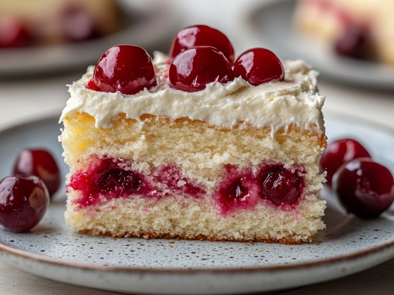 Ein Stück Kokos-Kirsch-Kuchen mit Sahnehaube auf einem Teller, garniert mit Kirschen. Im Hintergrund unscharf mehr Kuchen.