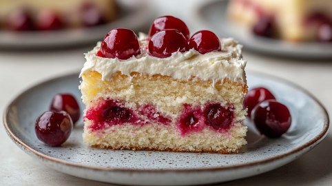 Ein Stück Kokos-Kirsch-Kuchen mit Sahnehaube auf einem Teller, garniert mit Kirschen. Im Hintergrund unscharf mehr Kuchen.