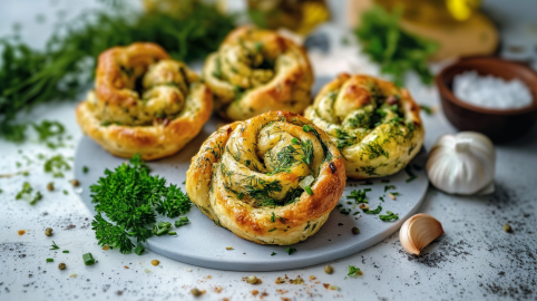 Vier Kräuter-Hefeknoten auf einem grauen Teller. Sie sind umgeben und bestreut mit frischen Kräutern. Rechts neben dem Teller liegt eine Knoblauchzehe sowie eine Knoblauchknolle. Im Hintergrund steht eine Schale Salz und drei Flaschen Öl.