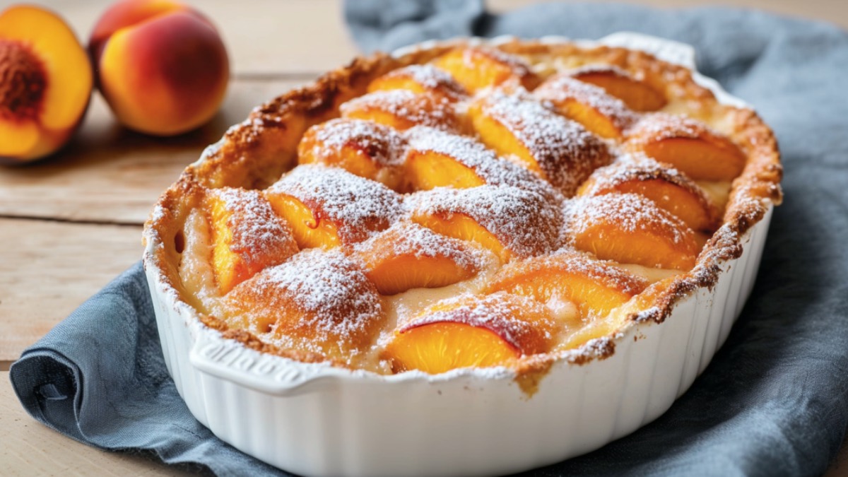 Ein Krapfen-Auflauf mit Pfirsichen in einer ovalen Form.