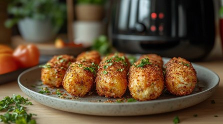 Teller mit Kroketten aus dem Airfryer, Heißluftfritteuse im Hintergrund