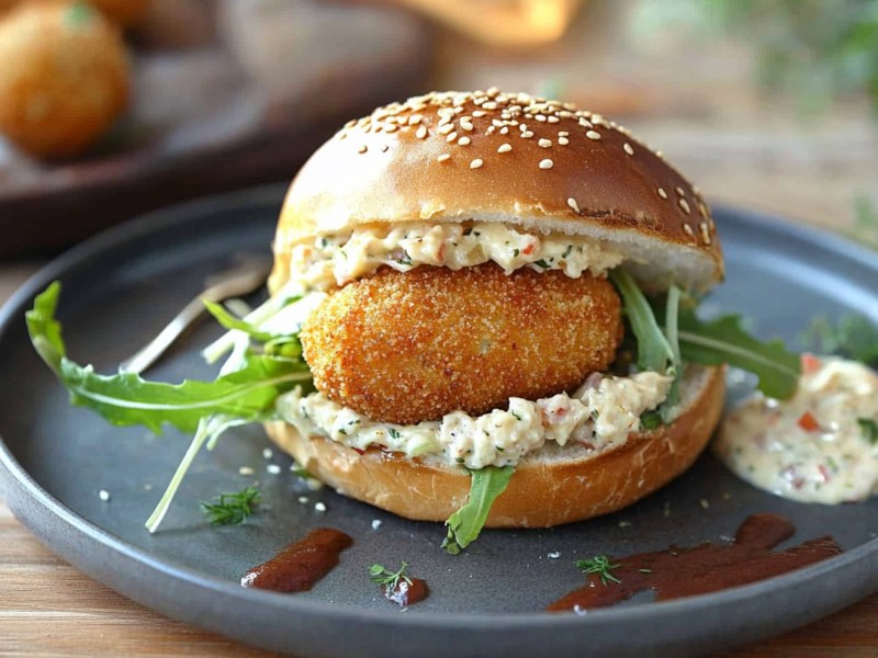 Teller mit einem Kroketten-Sandwich