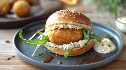 Teller mit einem Kroketten-Sandwich