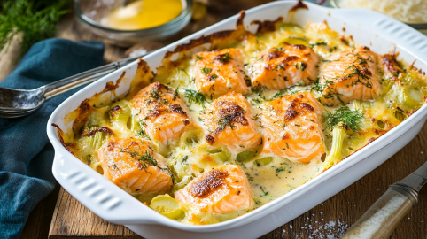 Lauch-Lachs-Auflauf in einer Auflaufform aus Keramik.