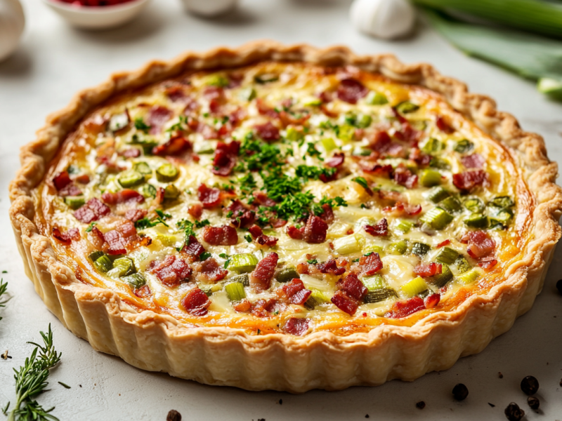 Eine frischgebackene Lauch-Speck-Quiche mit Schnittlauchröllchen darauf.