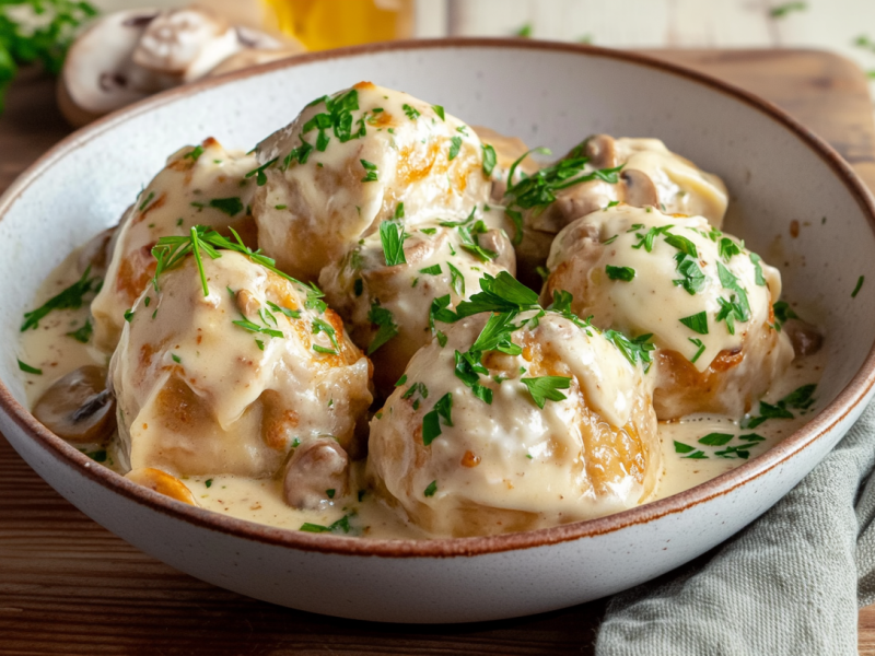 Ein Schüssel voll Laugenknödel auf einem Holzbrett. Im Hintergrund sieht man noch weitere Pilze und frische Kräuter. Rechts neben der Schüssel liegt ein graues Tuch.