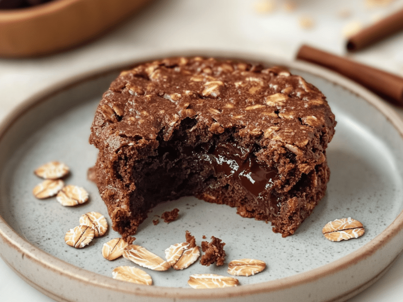 Lavacake Baked Oats auf einem graublauen Teller. Auf dem Teller liegen noch einige Haferflocken. Im Hintergrund sieht man noch zwei Zimtstangen und Haferflocken liegen.