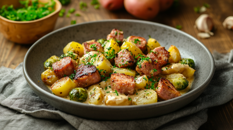 Ein dunkelgrauer Teller mit einer Portion Leberkäse-Pfanne mit Rosenkohl und Kartoffeln, die mit etwas frischer gehackter Petersilie garniert ist. Der Teller steht auf einem grauen Küchenhandtuch. Im Hintergrund sind verschwommen Kartoffeln und einzelne Knoblauchzehen angedeutet. Außerdem steht eine Schale mit gehackten Kräutern da.