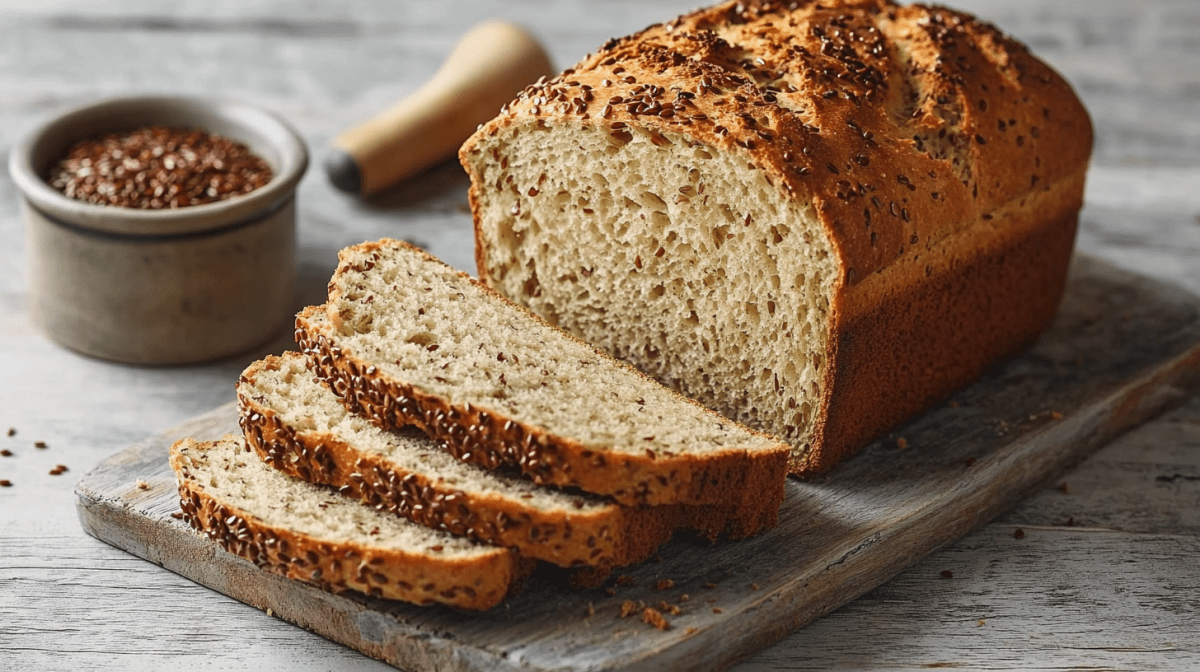 Ein angeschnittener Laib Leinsamenbrot ohne Hefe.