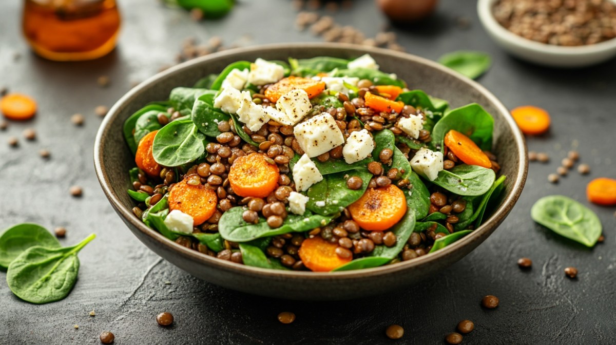 Schale mit Linsen-Salat mit gerösteten Karotten und Feta