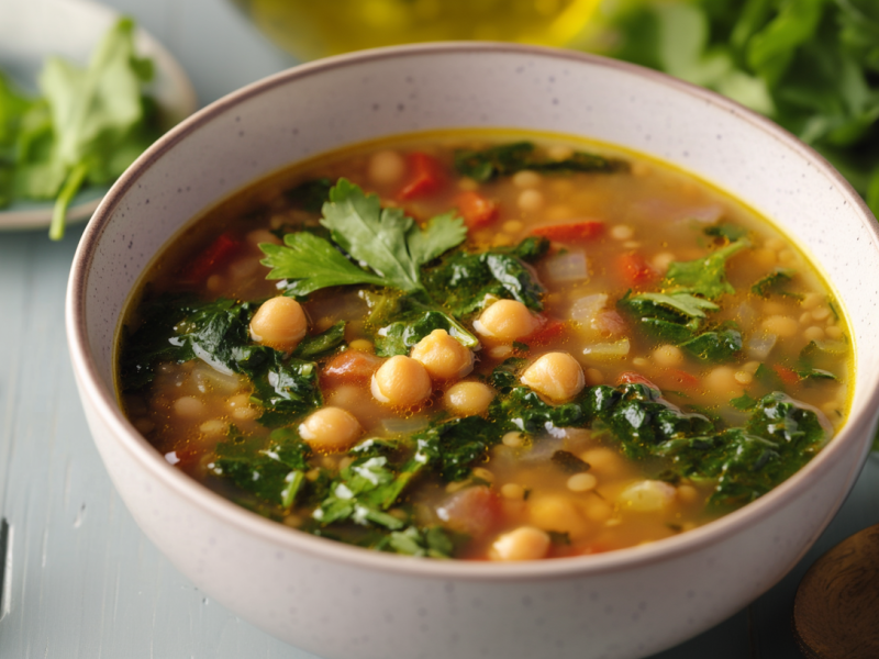 Eine helle Schüssel mit Linsen-Spinatsuppe steht auf einem grauen Tisch. Sie ist mit Kichererbsen, Spinat, Koriander und Karotten zubereitet. Links im Bild liegt weiterer frischer Koriander. Im Hintergrund sieht man eine angeschnittene Zitrone. Rechts im Bild liegt mehr Koriander sowie ein Holzlöffel.