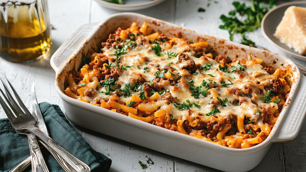 Ein Makkaroni-Bolognese-Auflauf in einer rechteckigen Form.