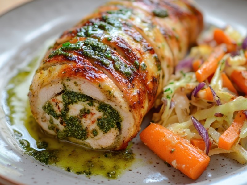 Mediterrane Hähnchen-Roulade auf einem Teller mit Gemüsebeilage