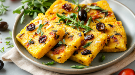 Einige mediterrane Polenta-Scheiben liegen auf einem grauen Teller. Sie sind mit frischen Kräutern angerichtet. Rechts im Bild liegt eine Tomate, links im Bild sieht man mehrere Oliven liegen.