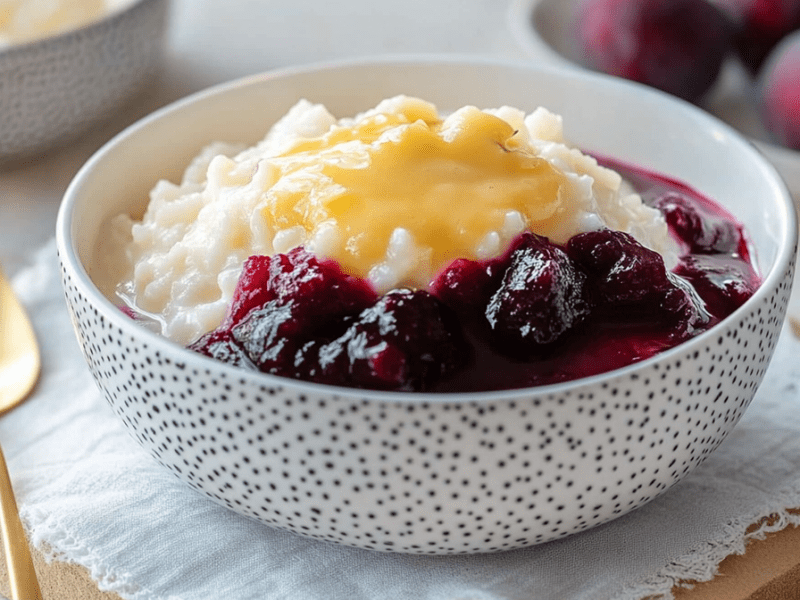 Eine Schüssel voll Milchreis mit Eierlikör und Pflaumenkompott. Die Schüssel steht auf einem Holzbrett, die mit einer dünnen Serviette dekoriert ist. Neben der Schlüssel liegt ein goldener Löffel. Im Hintergrund kann man eine weitere Schüssel mit Milchreis mit Eierlikör und einen Teller mit einigen Pflaumen erahnen.
