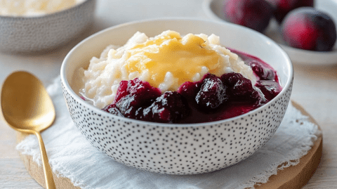 Eine Schüssel voll Milchreis mit Eierlikör und Pflaumenkompott. Die Schüssel steht auf einem Holzbrett, die mit einer dünnen Serviette dekoriert ist. Neben der Schlüssel liegt ein goldener Löffel. Im Hintergrund kann man eine weitere Schüssel mit Milchreis mit Eierlikör und einen Teller mit einigen Pflaumen erahnen.