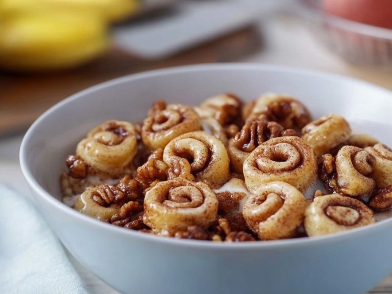 Eine Schüssel mit Mini-Zimtschnecken-Zerealien und karamellisierten Pekannüssen.