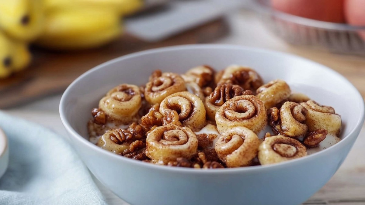Eine Schüssel mit Mini-Zimtschnecken-Zerealien und karamellisierten Pekannüssen.