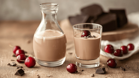 Eine kleine bauchige Flasche und ein Glas mit Mon-Chéri-Likör. Das Glas mit Mon-Chéri-Likör ist mit einer Kirsche und ein paar kleinen Schokostückchen garniert. Um die Flasche und das Glas liegen Kirschen und Schokostücke verteilt. Im Hintergrund ist eine Schale mit Zartbitterschokolade zu sehen.