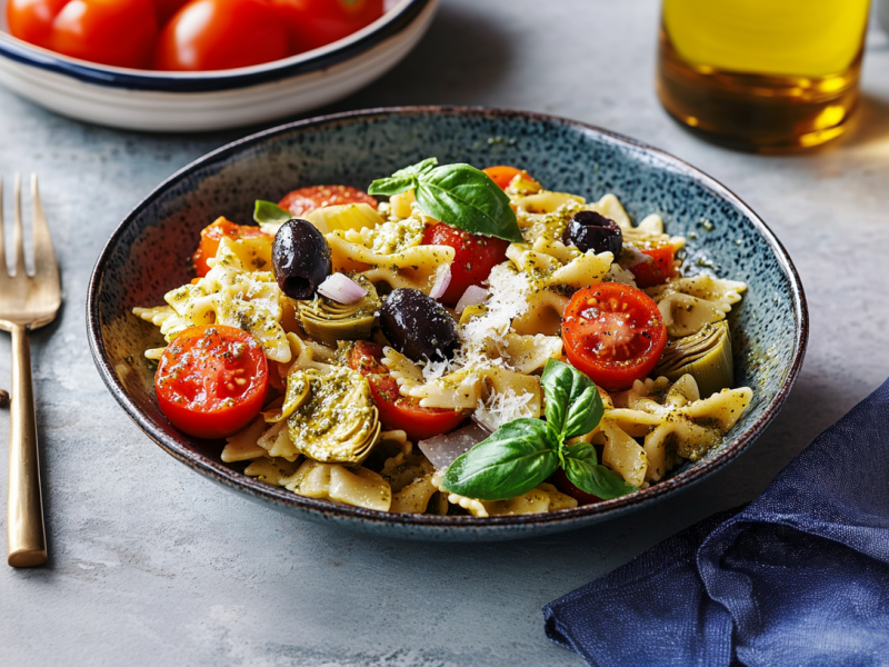 Eine Schüssel mit Nudel-Artischockensalat auf einem grauen Tisch. Links neben dem Salat liegt eine Gabel und einige Pfefferkörner. Daneben liegt frischer Basilikum. Im oberen Teil des Bildes stehen Tomaten, eine Flasche Öl sowie eine Knoblauchknolle. Rechts liegt ein blaues Tuch mit Basilikum darauf.