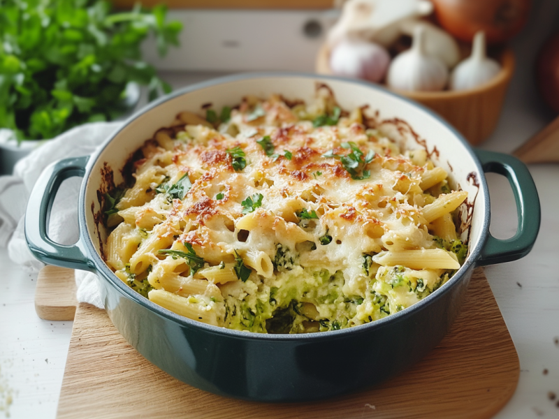 Eine Auflaufform mit Nudel-Bärlauch-Gratin steht auf einem Holzbrett. Im Hintergrund sieht man weitere frische Kräuter, Knoblauch und Zwiebeln.