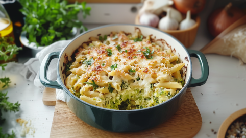 Eine Auflaufform mit Nudel-Bärlauch-Gratin steht auf einem Holzbrett. Im Hintergrund sieht man weitere frische Kräuter, Knoblauch und Zwiebeln.