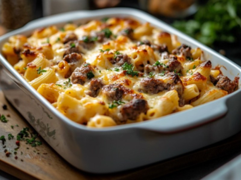 Ein Nudelauflauf mit Gulasch in einer rechteckigen Auflaufform.