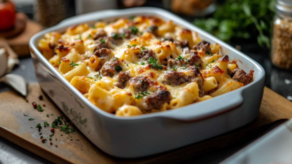 Ein Nudelauflauf mit Gulasch in einer rechteckigen Auflaufform.