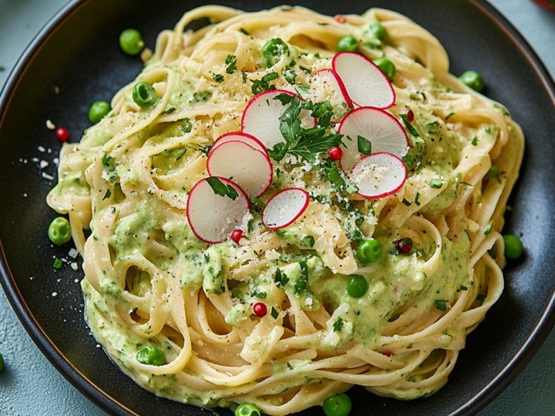 Teller mit Nudeln mit Avocadosoße, Radieschen und Erbsen